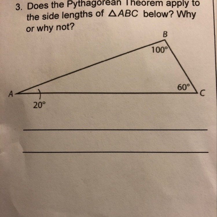 Does the Pythagorean theorem apply to the side lengths of abc below? Why or why not-example-1