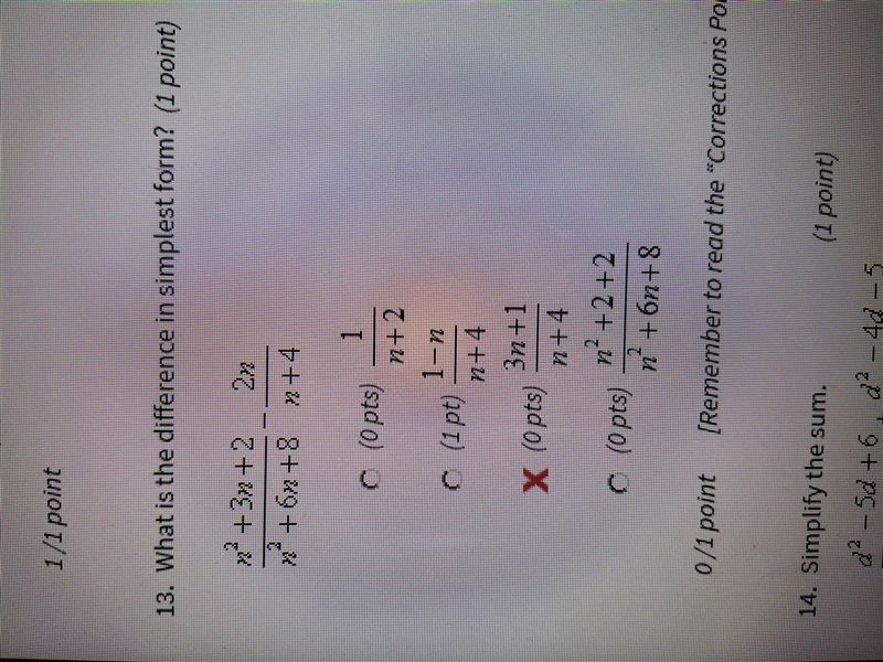 What is the difference in simplest form? (n^2+3n+2)/(n^2+6n+8)-(2n)/(n+4) First picture-example-2