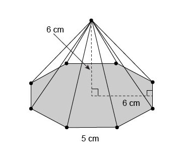 What is the lateral area of this regular octagonal pyramid? 84.9 cm² 120 cm² 169.7 cm-example-1