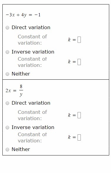 For each equation, determine whether it represents a direct variation, an inverse-example-1