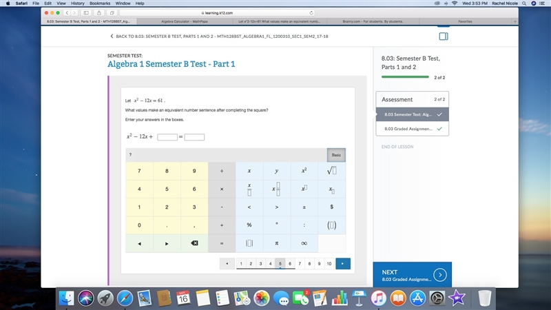 Let ​ x^2−12x=61 .​ What values make an equivalent number sentence after completing-example-1