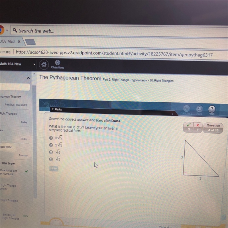 What is the value of x? Leave your answer in simlplest radical form.-example-1