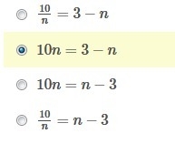 Which equation represents this number sentence? The product of 10 and a number is-example-1