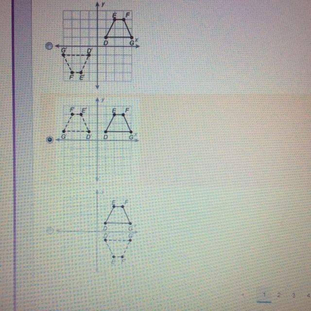 HELP PLEASE!!! Which figure shows a reflection of pre-image DEFG over the x-axis ? ( there-example-1