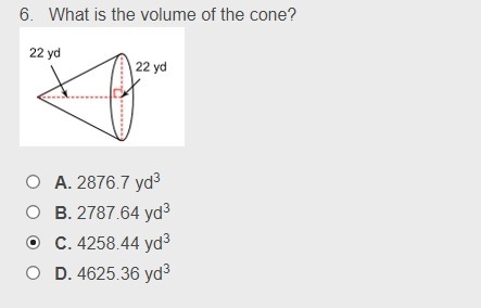 What is the volume of the cone? A. 2876.7 yd3 B. 2787.64 yd3 C. 4258.44 yd3 D. 4625.36 yd-example-1