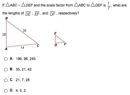 If ABC ~ DEF and the scale factor from ABC to DEF is 1/7, what are the lengths of-example-1