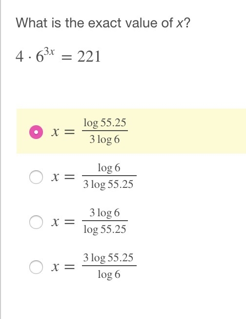 5 STARS!! What is the exact value of x? 4·6^3x=221-example-1