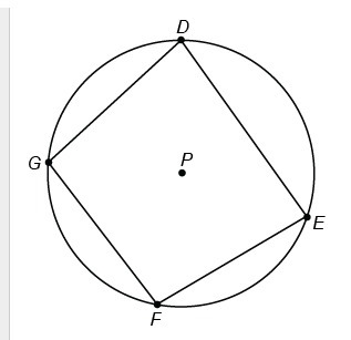 Given: Quadrilateral DEFG is inscribed in circle P. Prove: m∠D+m∠F=180∘ Drag and drop-example-1