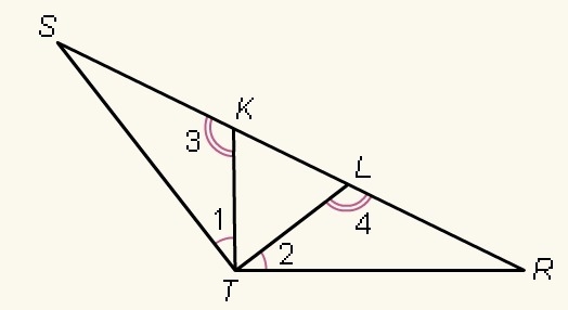 * 20 points * In the figure, m∠1=m∠2 = 22 and m∠3 = m∠4 = 123. Find m∠TSK. Choices-example-1