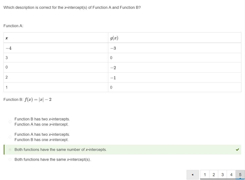 Which description is correct for the x-intercept(s) of function a and function b function-example-1