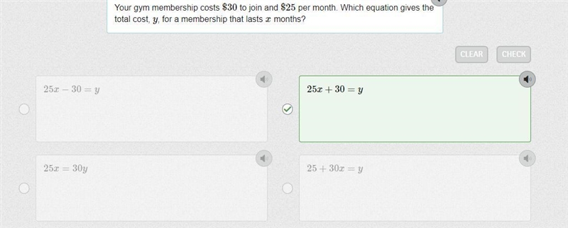 Your gym membership costs $30 to join and $25 per month. Which equation gives the-example-1