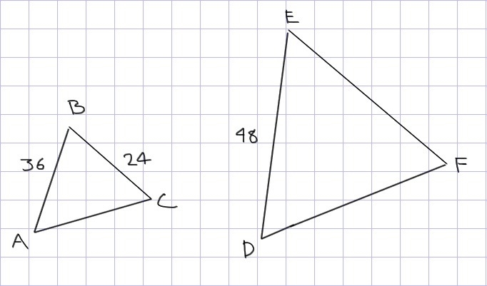 Use the information below to find EF such that ABC ~ DEF. AB = 36, BC = 24, DE = 48, B-example-1