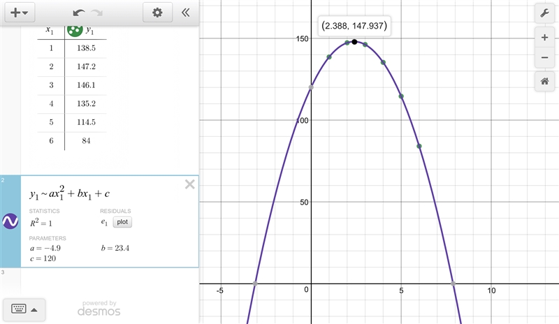 The table shows the height of an object, h(t), in meters after t seconds. Use your-example-1