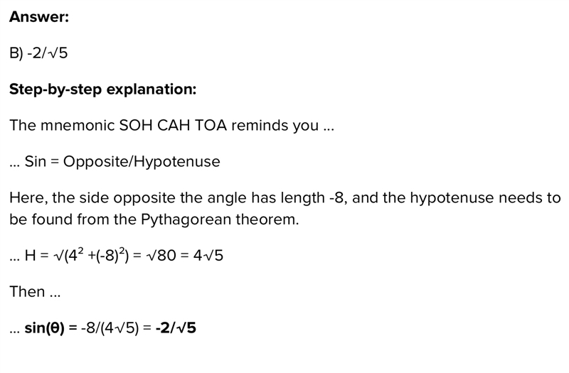 Find the sin(Θ) of an angle in standard position if the terminal side passes through-example-1