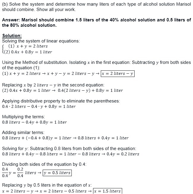 3. For her chemistry experiment, Marisol needs 2 liters of a 50% alcohol solution-example-2