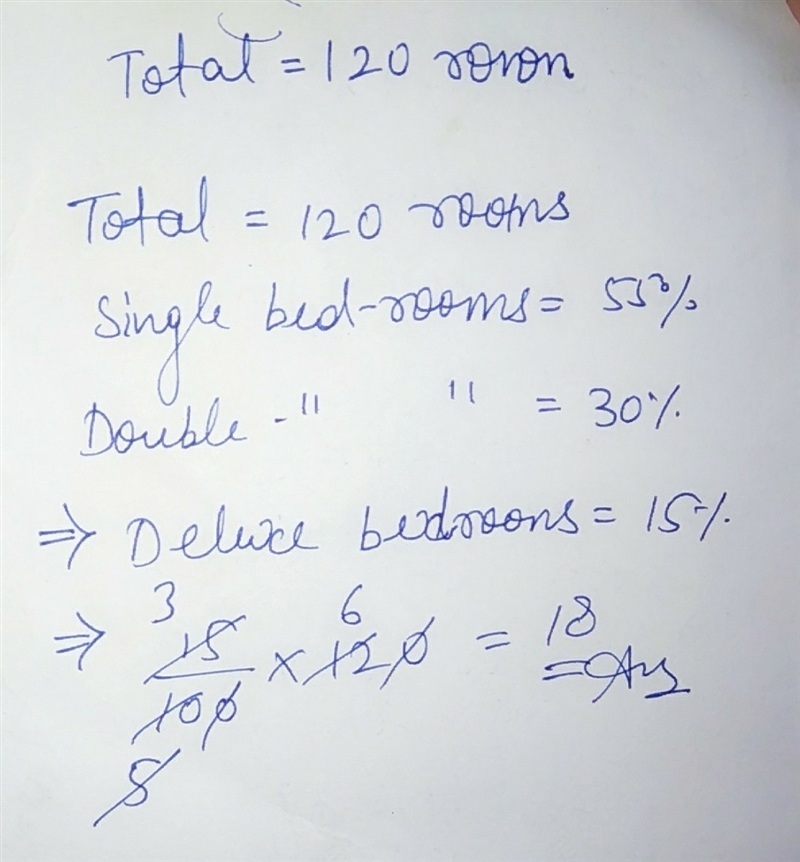 Of the 120 rooms in a hotel, 55% are single bed rooms, 30% are double bed rooms and-example-1