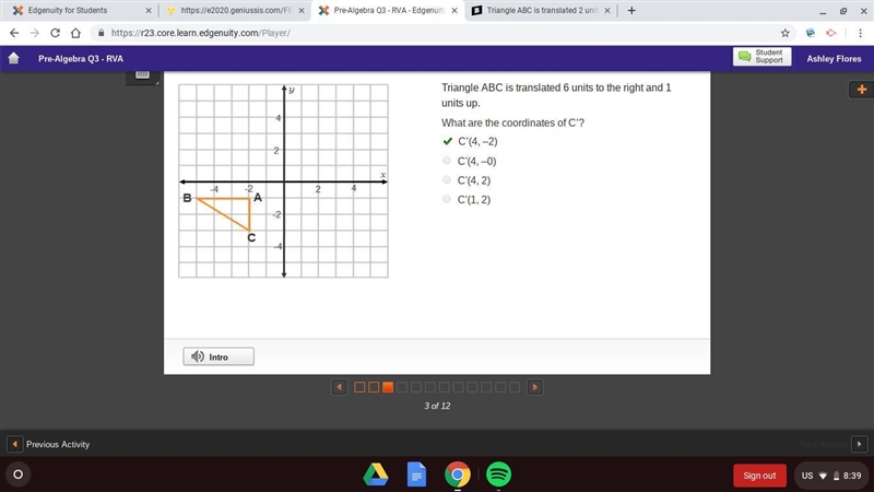 Triangle ABC is translated 2 units down and 1 unit left. Then it is rotated 90 degrees-example-1