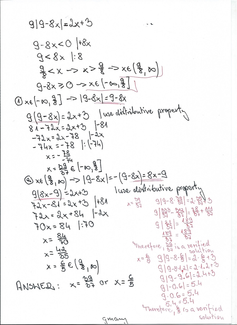 Solve the equation Check for extraneous solutions. 9 |9 − 8 x| = 2 x + 3 Please explain-example-1