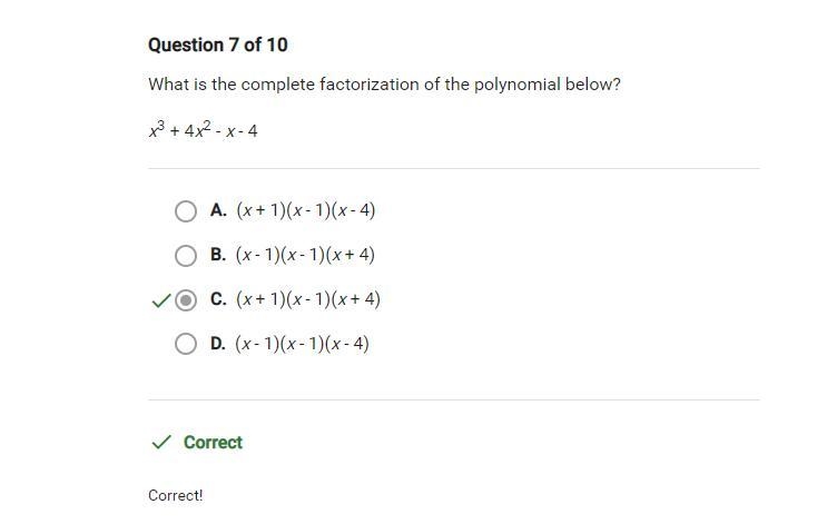 What is the complete factorization of the polynomial below x^3-4x^2+x-4? A. (x-4)(x-example-1