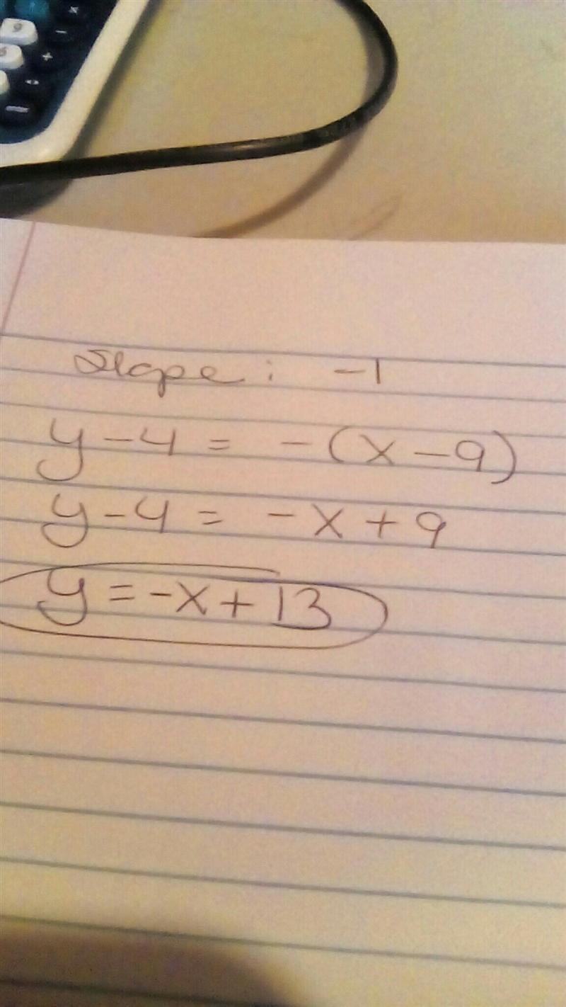 Find the equation of the line in slope-intercept form. m=−1 and (9, 4)-example-1