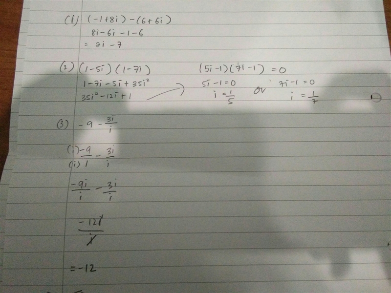 Simplify 1). (-1+8i)-(6+6i) 2). (1-5i)(1-7i) 3). -9-3i/-i 4). -5-3i/1-9i-example-1