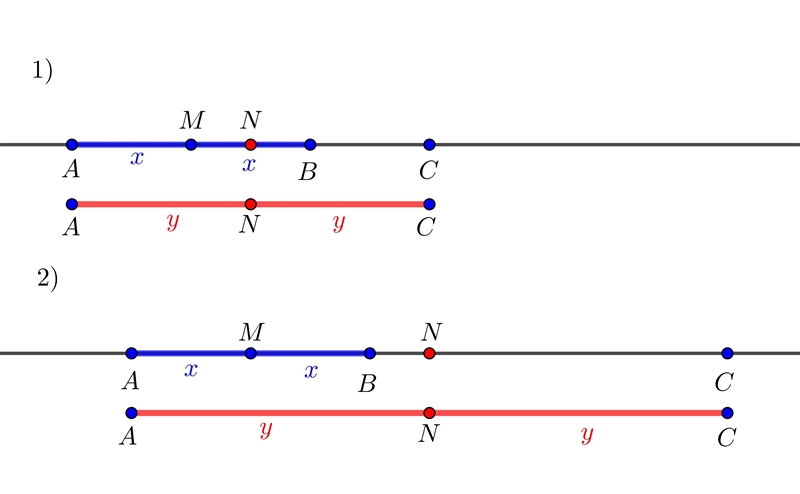 Points A,B, and C are collinear. Points M and N are the midpoints of segments AB and-example-1