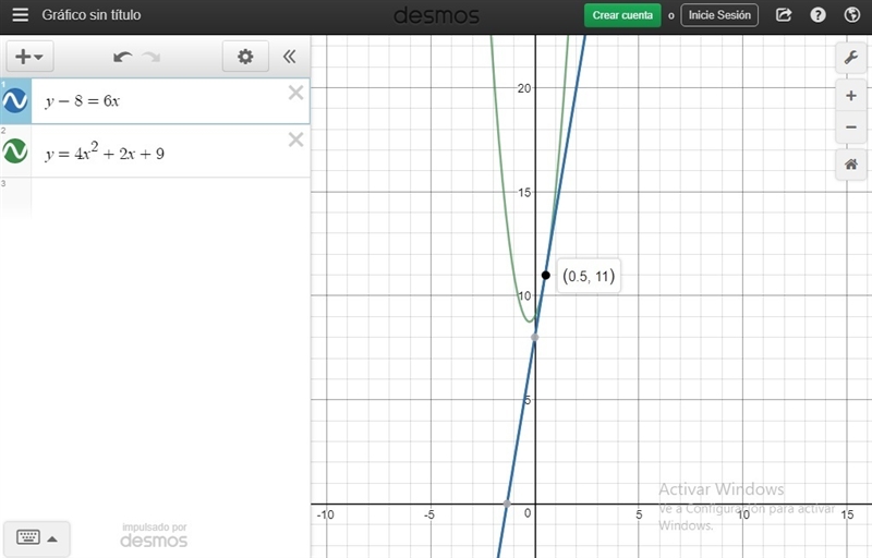 Consider this system of equations: y = 4x2 + 2x + 9 y – 8 = 6x Solved for y, the linear-example-1