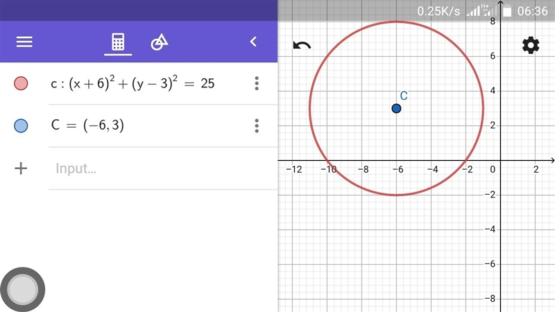 Write an equation for the translation of x ^ 2 + y ^ 2 = 25 by 6 units left and 3 units-example-1