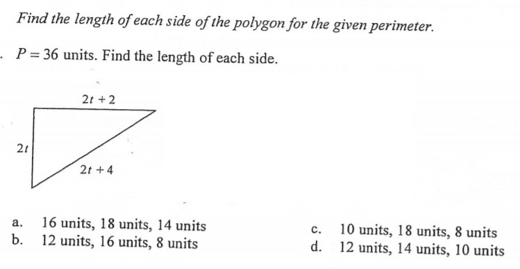 Find the length of each side of the polygon for the given perimeter. P=36 units. Find-example-1