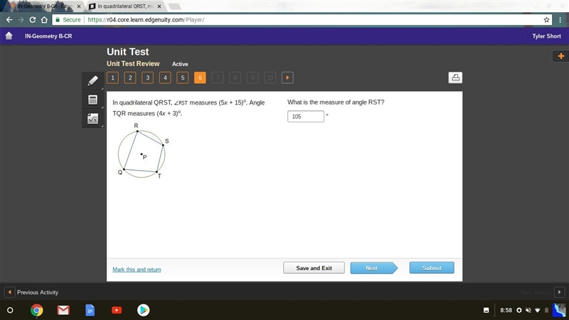 In quadrilateral QRST, measures (5x + 15)o. Angle TQR measures (4x + 3)o. What is-example-1