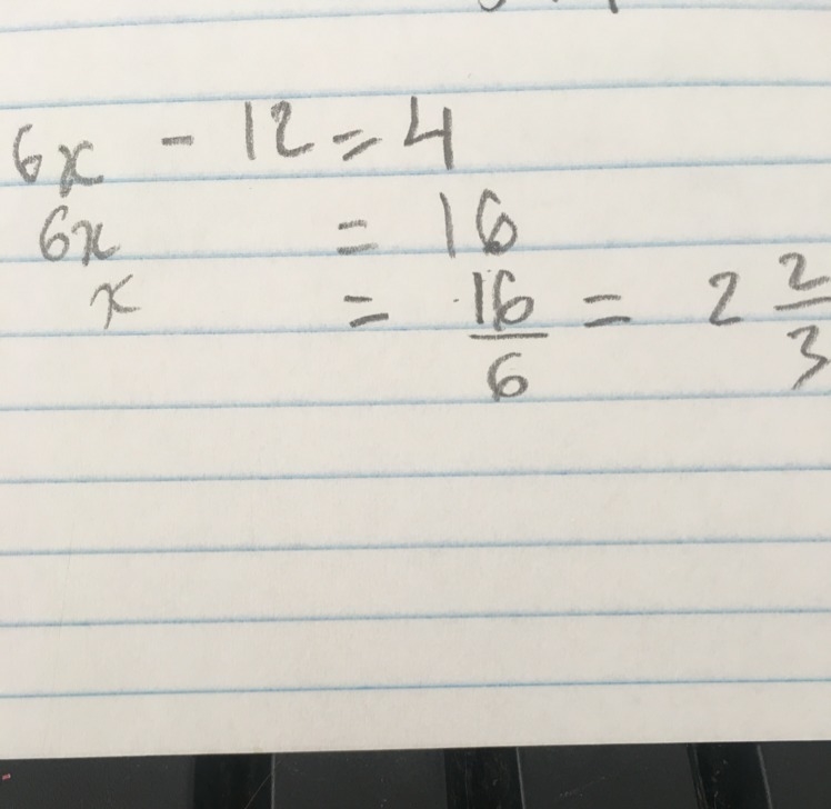 Solve for x. 6(x - 2) = 4 x = 1 x = 1 1/3 x = 2 2/3-example-1