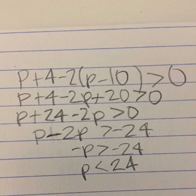 Which is a solution of the inequality? p + 4 – 2(p – 10) > 0 A. 24 B. 29 C. 22 D-example-1