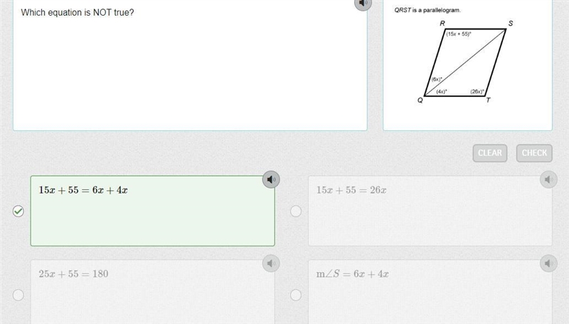 Which equation is NOT true? A. 15x + 55 = 6x + 4x B. 15x + 55 = 26x C. 25x + 55 = 180 D-example-1