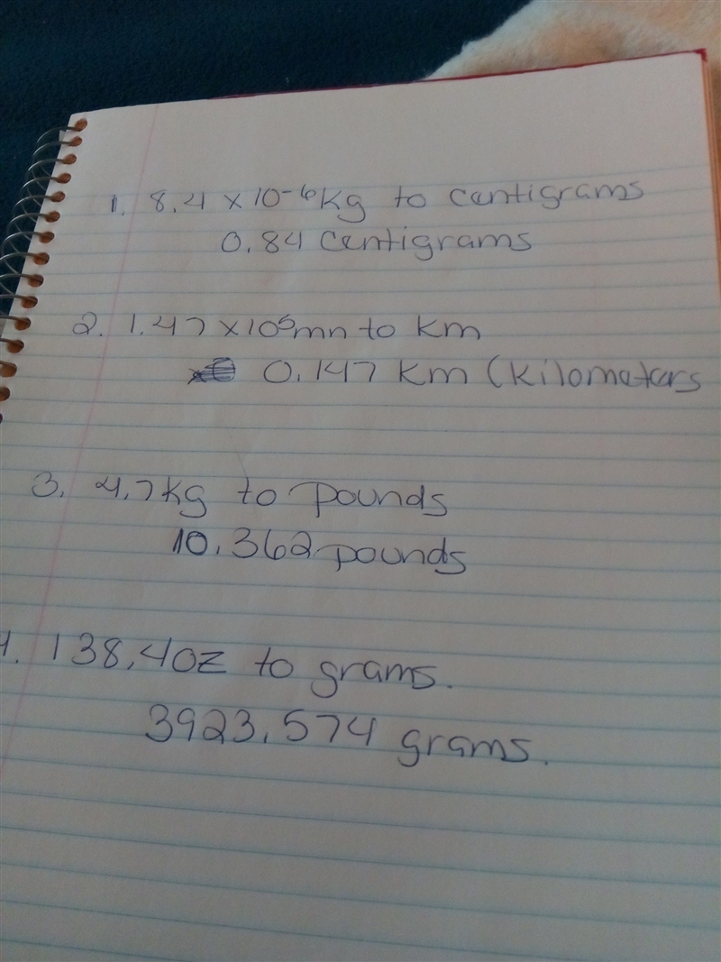 DUE BY TONIGHT 1.8.4 x 10exponet -6 kg to centigrams 2. 1.47 x 10^5mm to kilometers-example-1