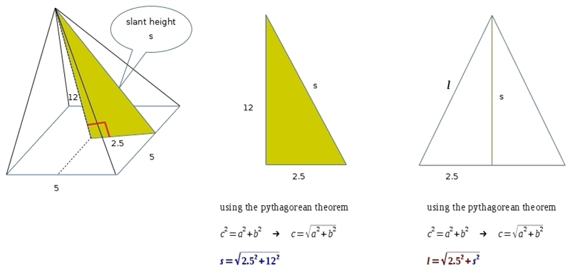 A right pyramid that is 12 feet tall has a square base whose side length is 5 feet-example-1