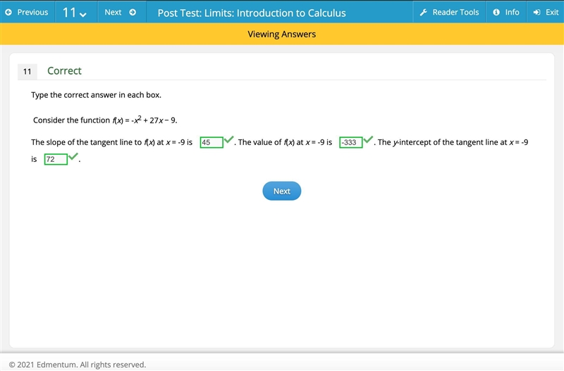 Consider the function f(x)=-x^2+27x-9. The slope of the tangent line to f(x) at x-example-1