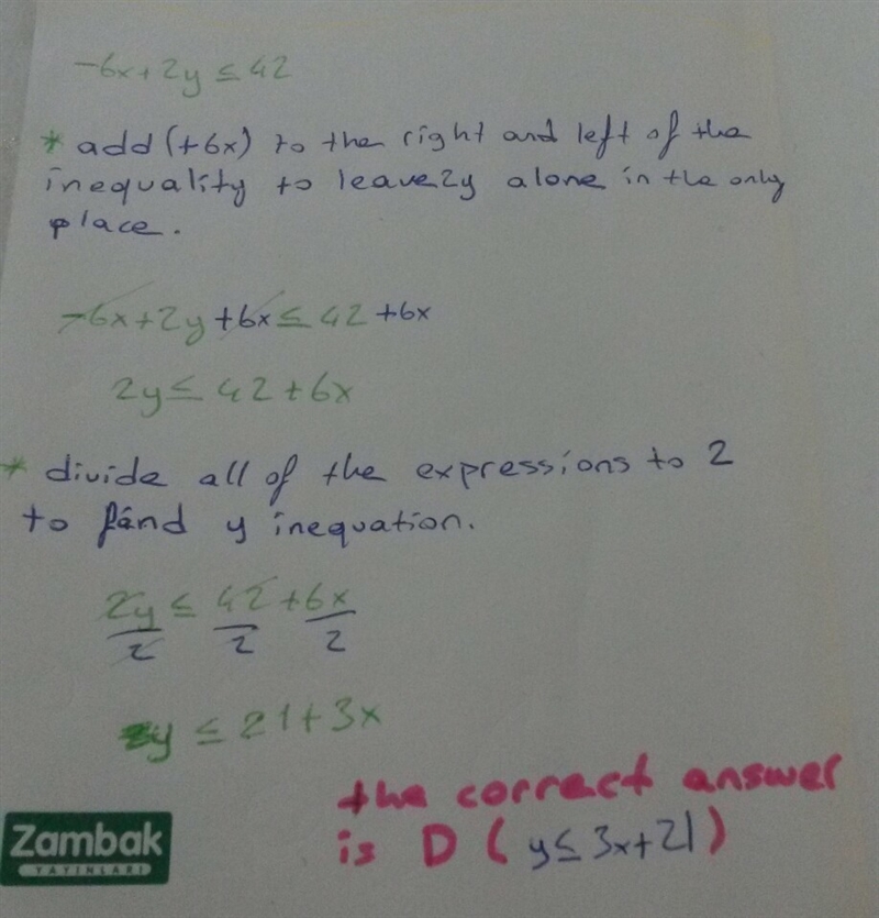 Write the following inequality in slope-intercept form. –6x + 2y ≤ 42 y ≥ 3x + 21 y-example-1