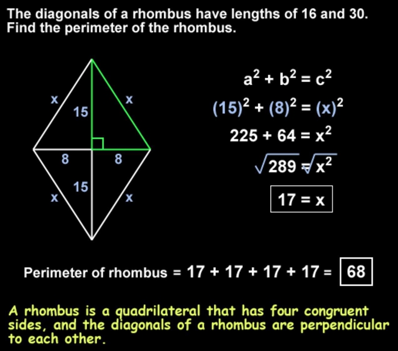 The diagonals of a rhombus are 16 and 30. What is the perimeter-example-1