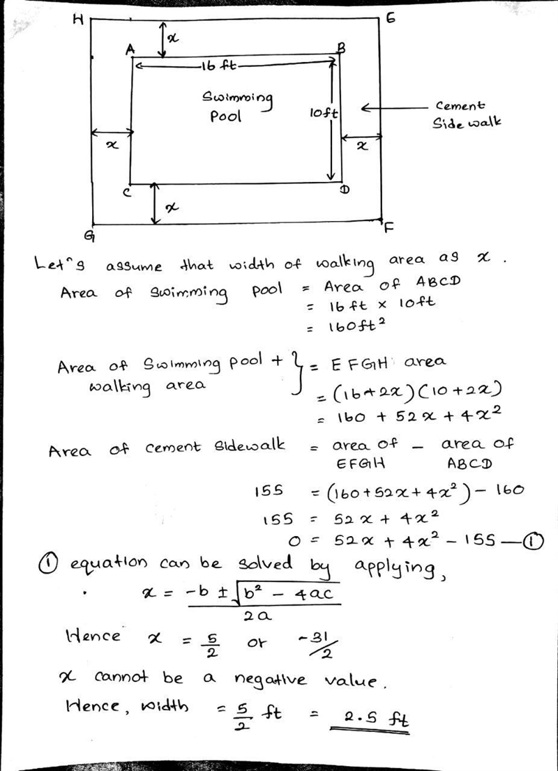 A rectangular swimming pool that is 10 ft wide by 16 ft long is surrounded by a cement-example-1