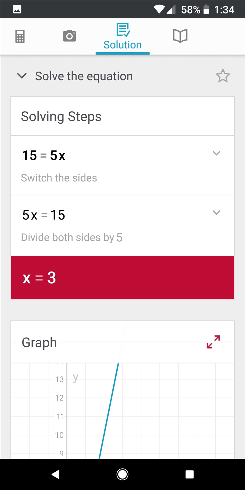 Solve the equation. 15 = 5 x X = 14 X = 3 X = 10 X = 5 Solve the equation. -7s = -77 S-example-1