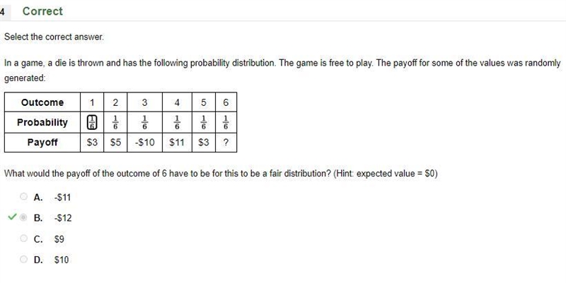 In a game, a die is thrown and has the following probability distribution. The game-example-1