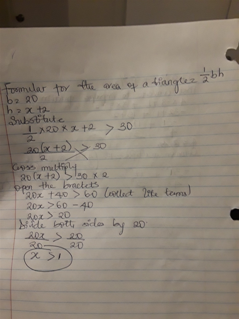 The base of a triangle is 20 and the height is x + 2. If the area is greater than-example-1