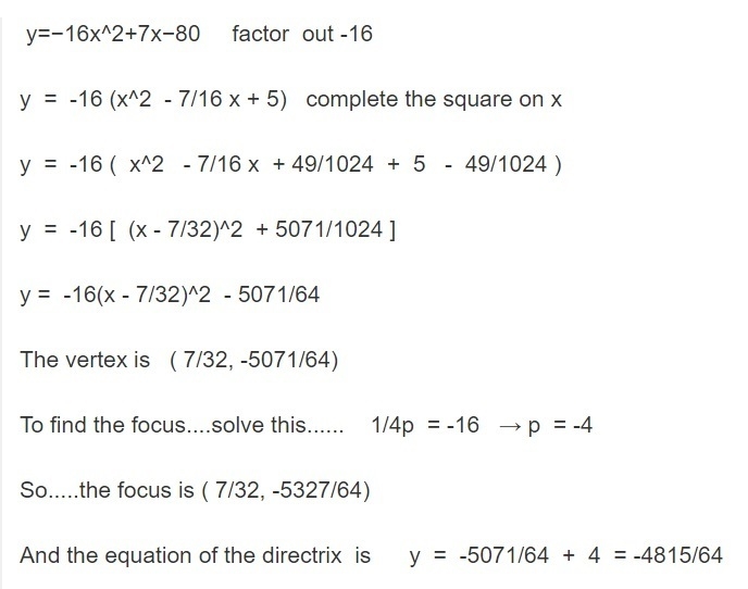 The equation of a parabola is given. y=−16x2+7x−80 What is the equation of the directrix-example-1