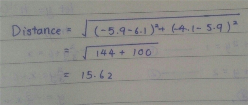 Find the distance d from (6.1, 5.9) to (-5.9, -4.1) . A. 6.63 B. 15.62 C. 22.00 D-example-1