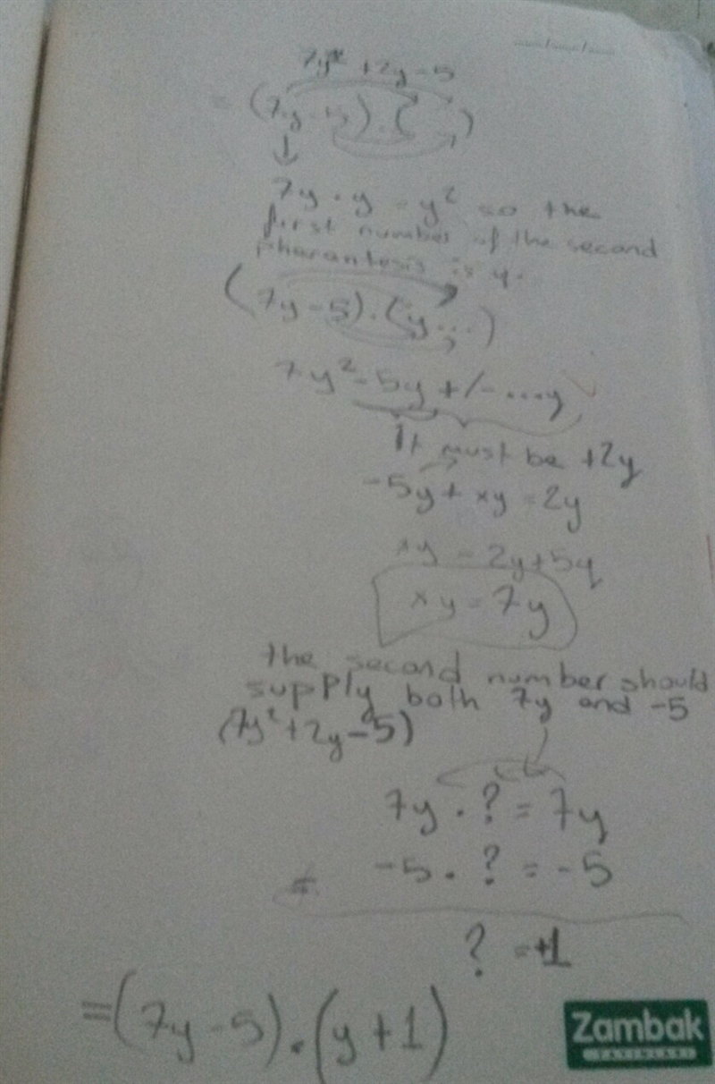 Whats the missing factor? 7y^2+2y-5=(7y-5)=( )-example-1