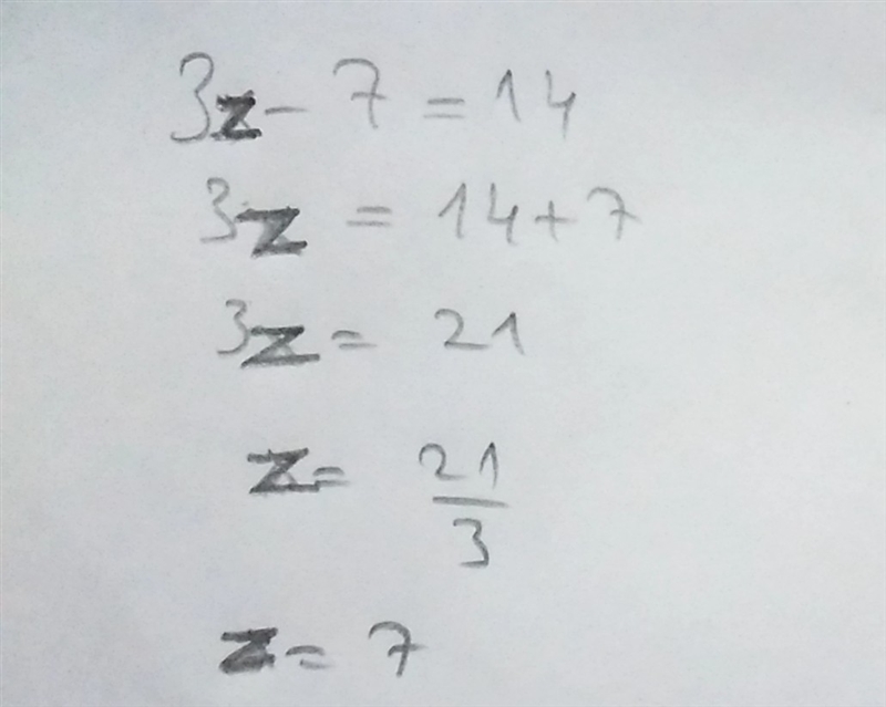 What is the value of z in the equation 3z − 7 = 14? (4 points)-example-1