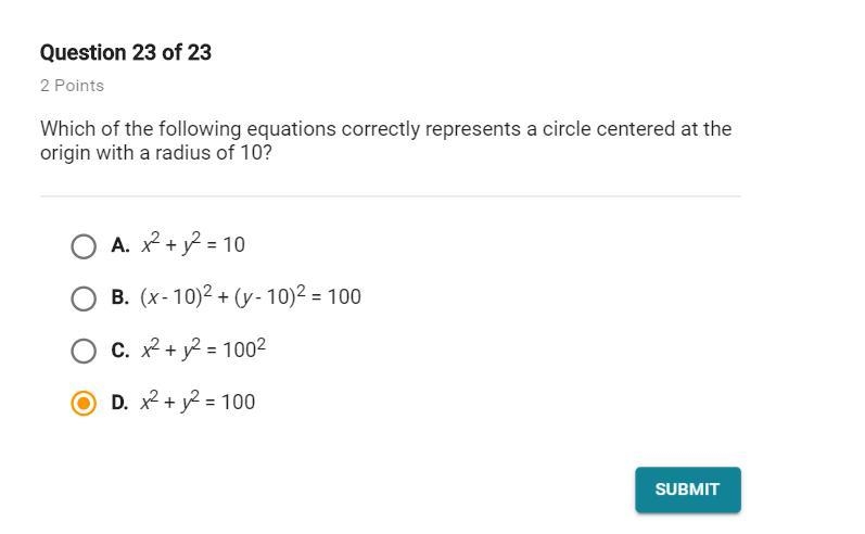 Which of the following equations correctly represents a circle centered at the origin-example-1