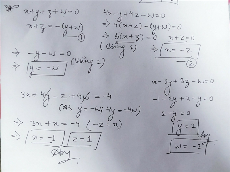 Solve the system by any method x+y+z+w=0, 4x-y+4z-w=0, 3x+4y-z+4w=-4, x-2y+3z-w=0-example-1