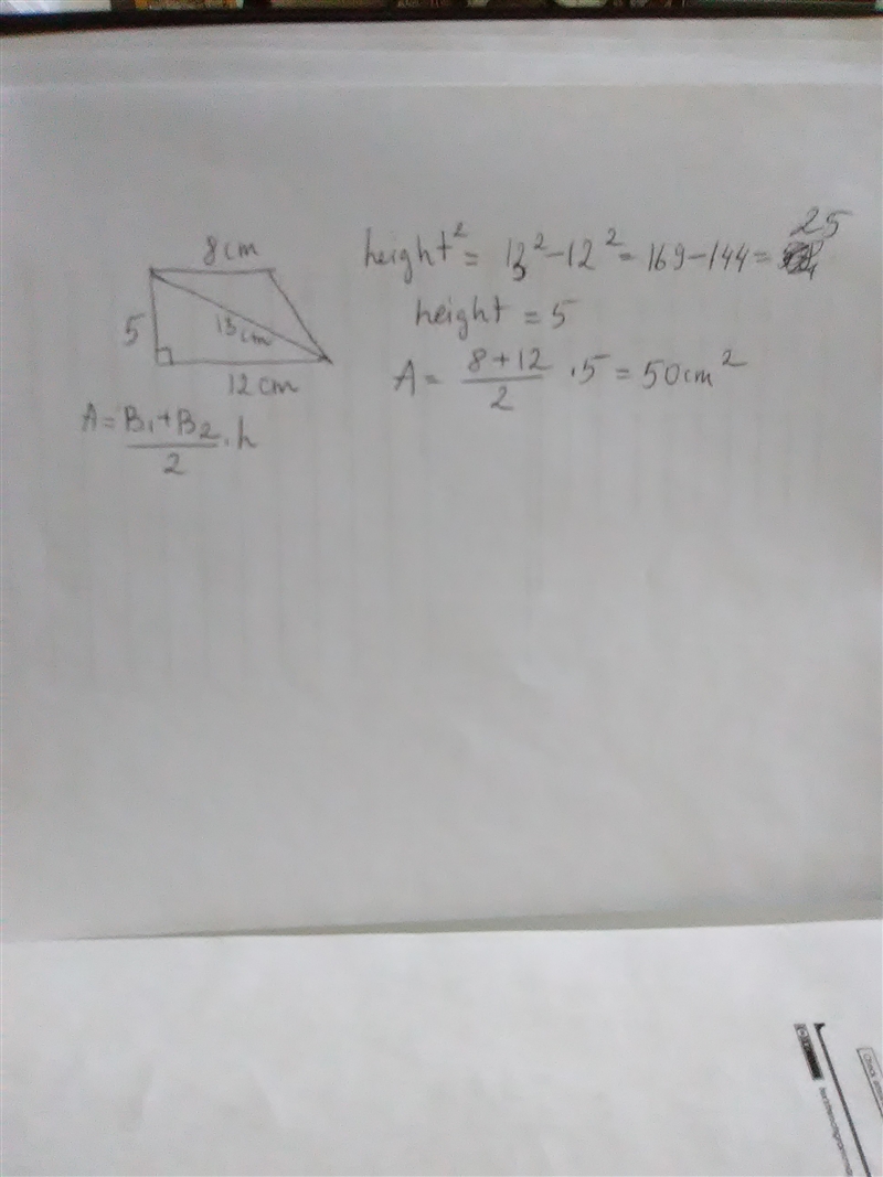 The longer diagonal of a right trapezoid is 13cm. The longer base is 12 cm. Find the-example-1