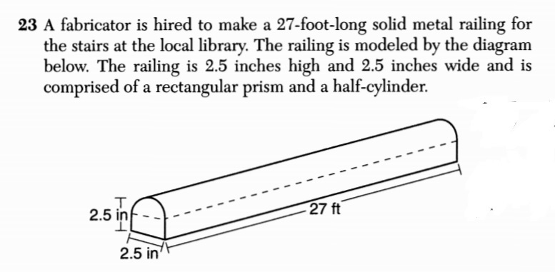 A fabricator is hired to make a 27 foot long solid metal railing for the stairs at-example-1